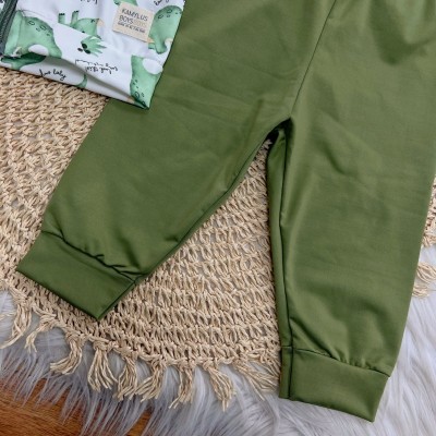 Conj. Jaqueta Xadrez Dinossauros e Calça em Malha Térmica - Off White e Verde